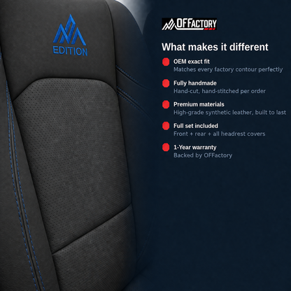 Custom luxury leather seat covers by OFFactory for Jeep Wrangler & Gladiator.