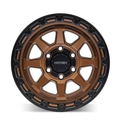 MAYHEM RIDGELINE 8306 satin bronze 17x8.5 inch off-road wheel with 5-127 bolt pattern and -6mm offset, by 4X4 WAVERS.