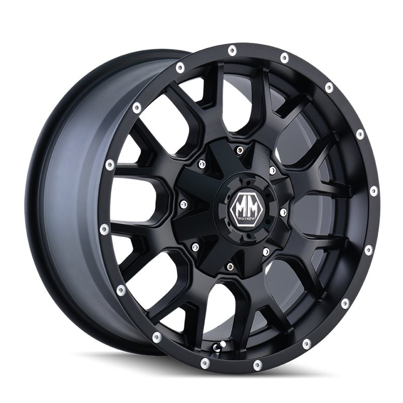 4x4 Wavers Mayhem Warrior 8015 matte black 18-inch alloy wheel with 9-inch width and 5-114.3/5-127 bolt pattern