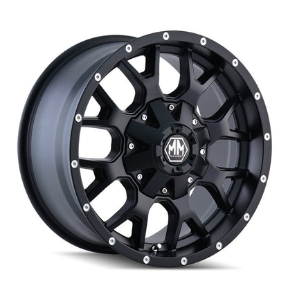 4x4 Wavers Mayhem Warrior 8015 matte black 18-inch alloy wheel with 9-inch width and 5-114.3/5-127 bolt pattern
