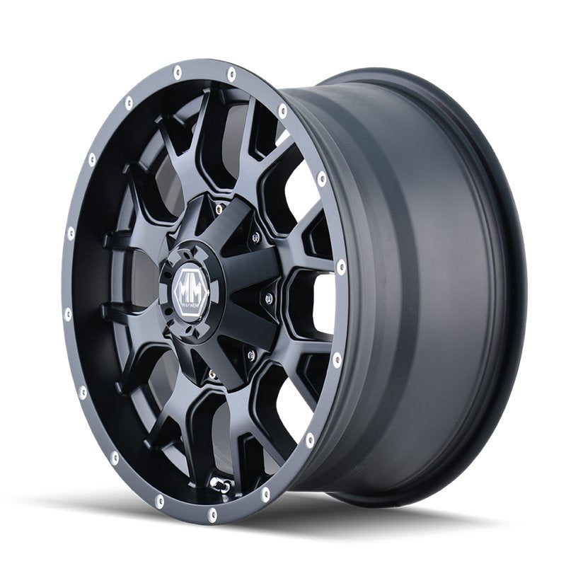 Matte black Mayhem Warrior 8015 18x9 alloy wheel by 4x4 Wavers with 5-114.3/5-127 bolt pattern, 18mm offset, 87mm center bore