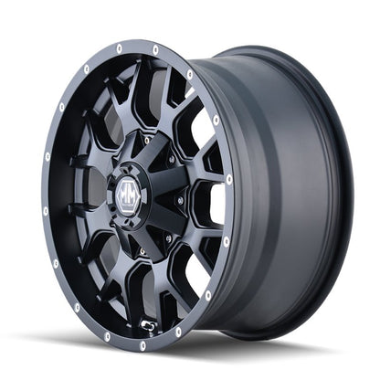 Matte black Mayhem Warrior 8015 18x9 alloy wheel by 4x4 Wavers with 5-114.3/5-127 bolt pattern, 18mm offset, 87mm center bore