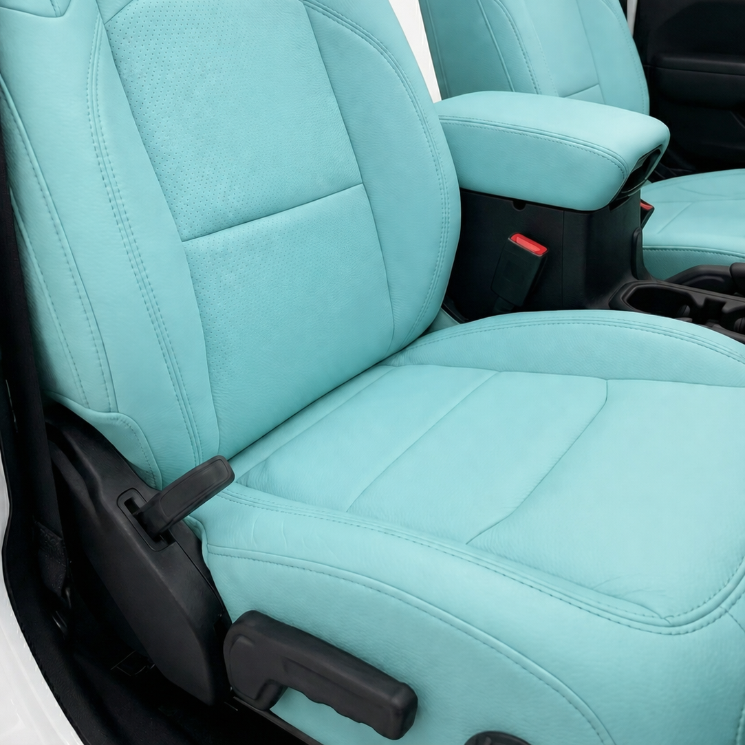 Turquoise custom leather seat cover for Jeep interior by OFFactory.