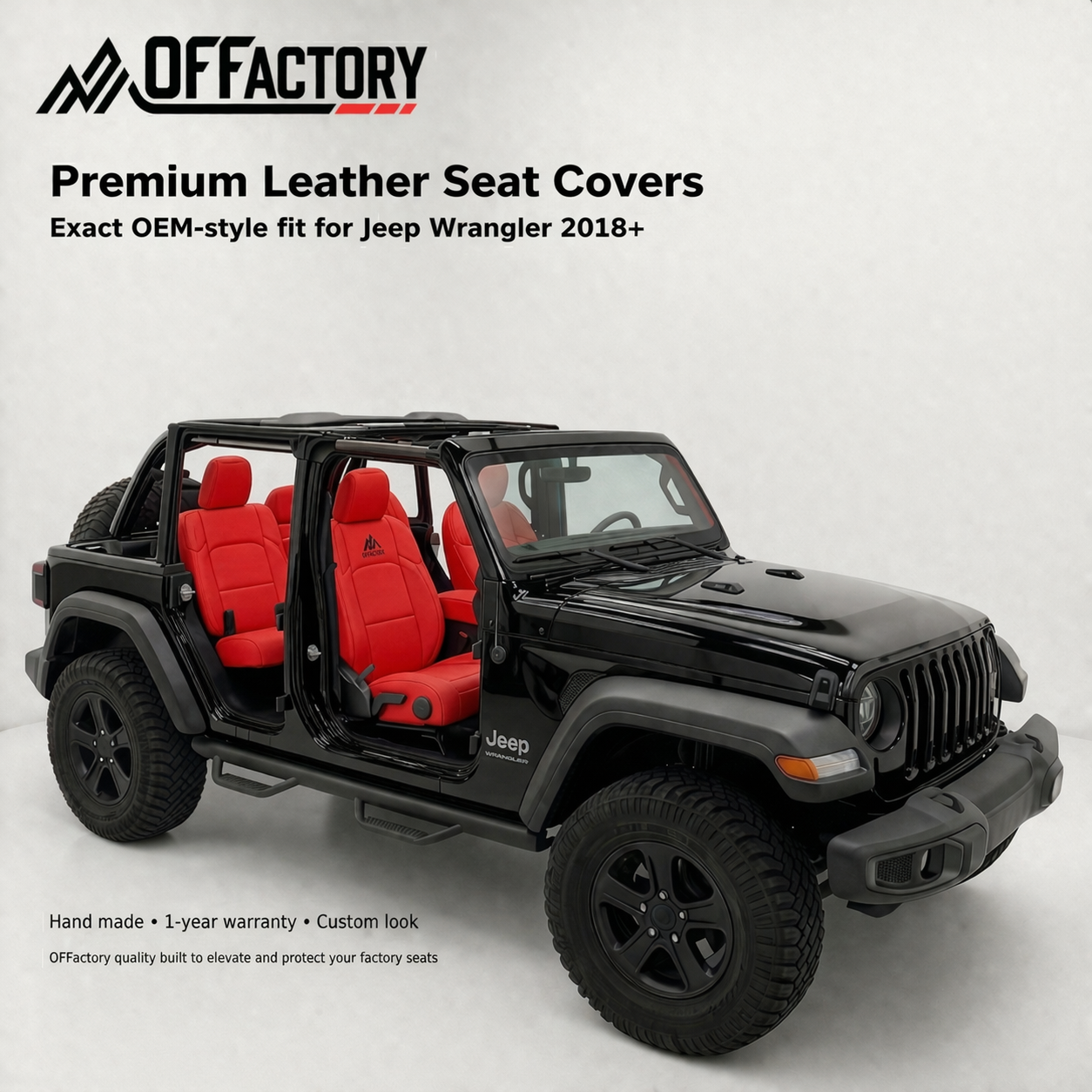 Leather seat covers for Jeep Wrangler JLU and 4xe by OFFactory, showcasing premium OEM-style material on vehicle seats.