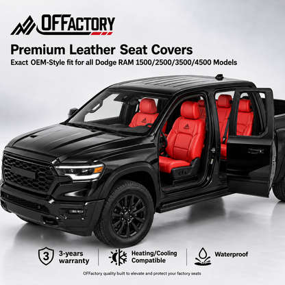 OFFactory OEM-style custom leather seat covers for Dodge RAM 1500, 2500 and 3500 trucks, made to order