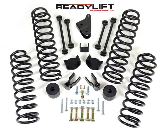 ReadyLift 4-inch lift kit for 2007-2018 Jeep Wrangler JK, showing the installed lift components and suspension upgrade.