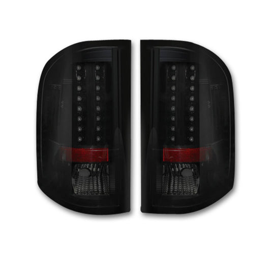 Recon LED tail lights for 2007-2013 Chevy 1500 and 2007-2014 HD trucks, featuring a sleek black housing and modern LED design.