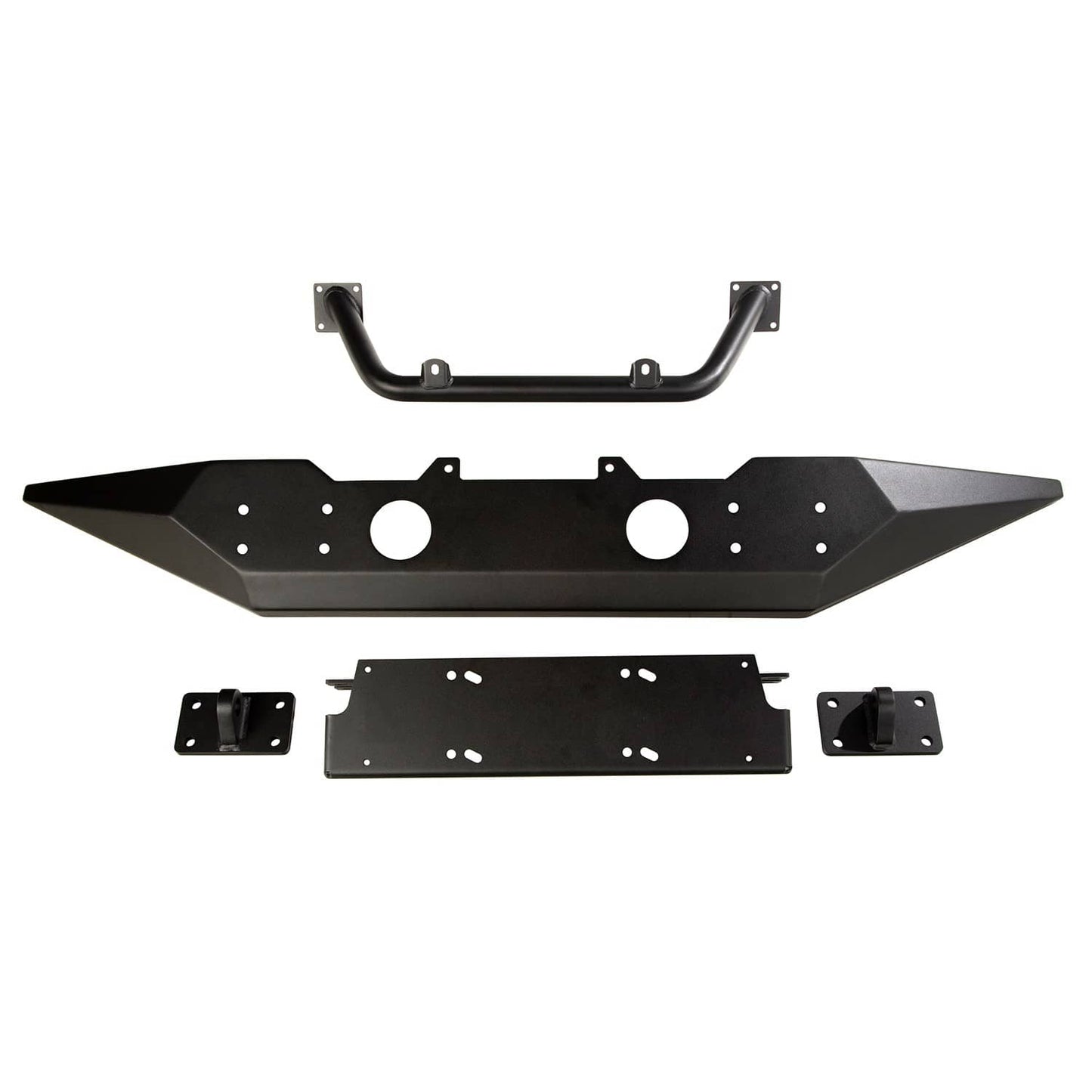 Rugged Ridge Spartan front bumper with over rider for 2018-2025 Jeep Wrangler JL and Gladiator models, black steel with mounting points