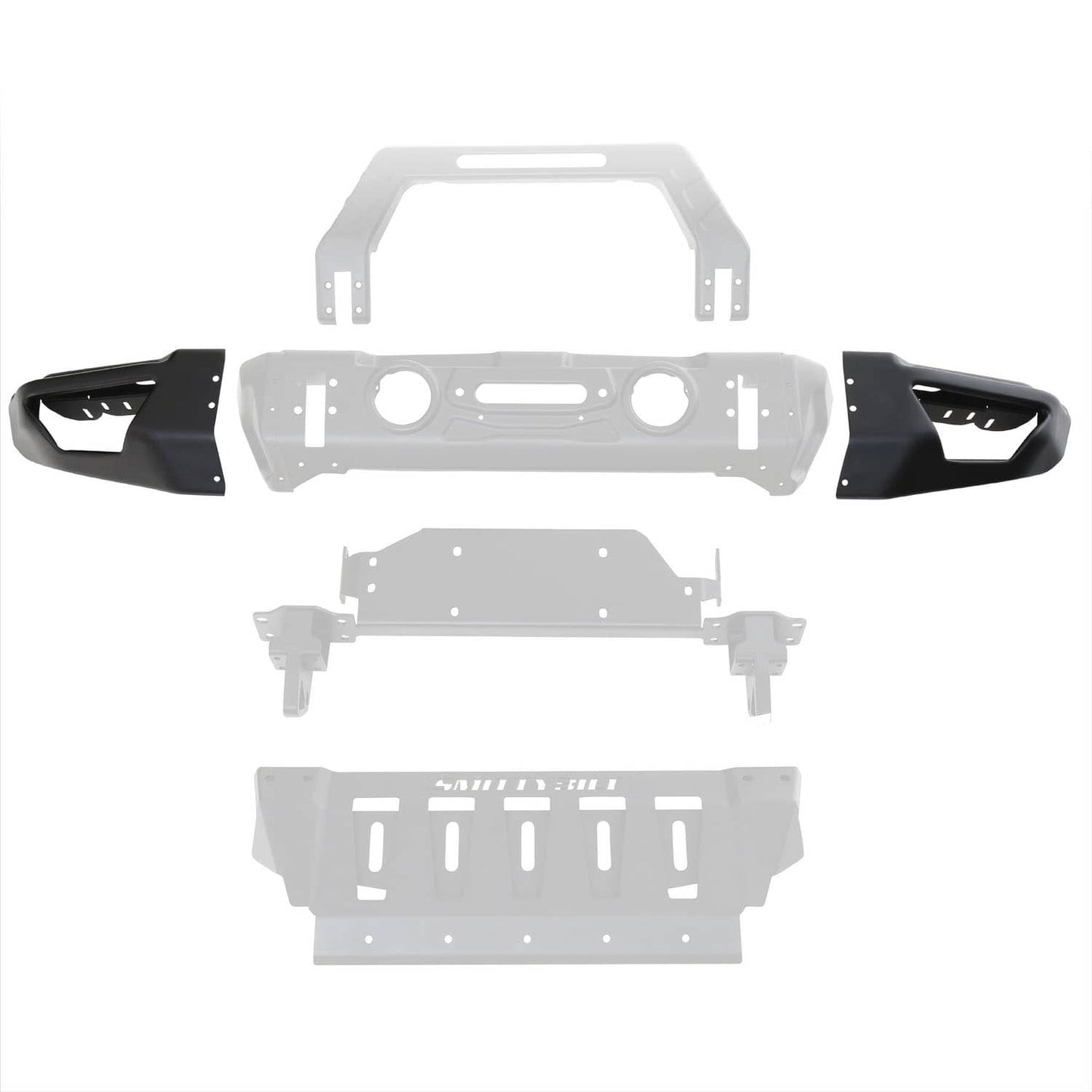 Smittybilt Stryker front bumper wings for 2007-2018 Jeep Wrangler JK, durable metal bumpers with a rugged finish.