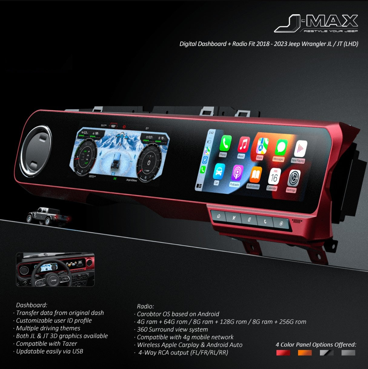 J-Max Tableau de bord numérique Carobotor + radio tout-en-un - Jeep Wrangler JL/JLU/JT 2018-2023