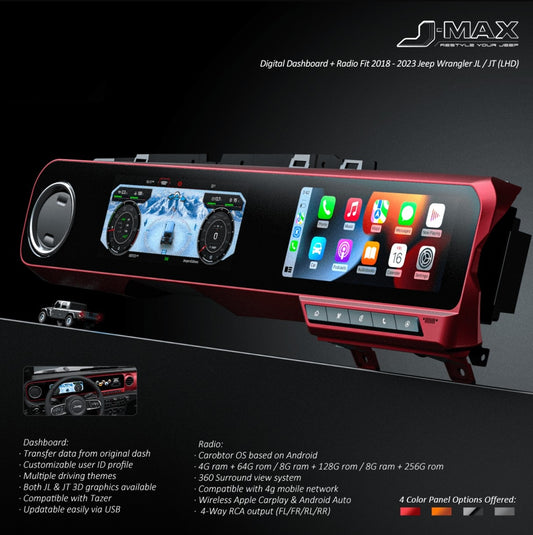 J-Max Tableau de bord numérique Carobotor + radio tout-en-un - Jeep Wrangler JL/JLU/JT 2018-2023