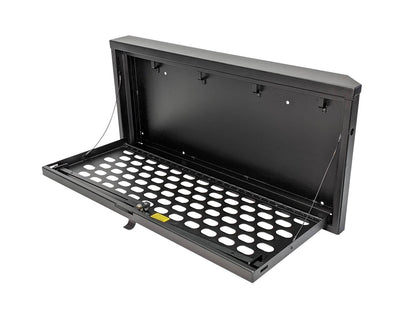 Tuffy Security Products MOLLE tailgate lockbox for 2018-2025 Jeep Wrangler JL, mounted on truck bed for secure storage.