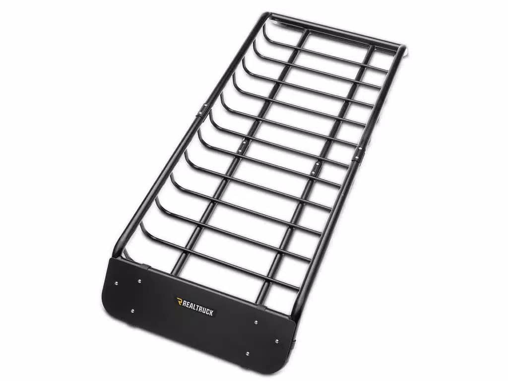 Truxedo Elevate Narrow Cargo Basket mounted on vehicle roof rack for secure outdoor storage.