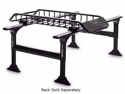 Truxedo Elevate Narrow Cargo Basket mounted on a vehicle roof rack for secure outdoor cargo storage.