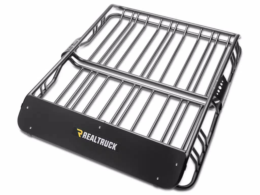 Truxedo Elevate Standard Cargo Basket mounted on vehicle roof, designed for secure storage of outdoor gear and cargo.