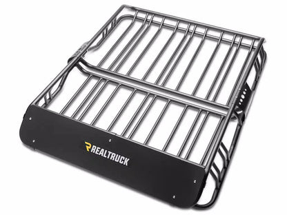 Truxedo Elevate Standard Cargo Basket mounted on vehicle roof, designed for secure storage of outdoor gear and cargo.