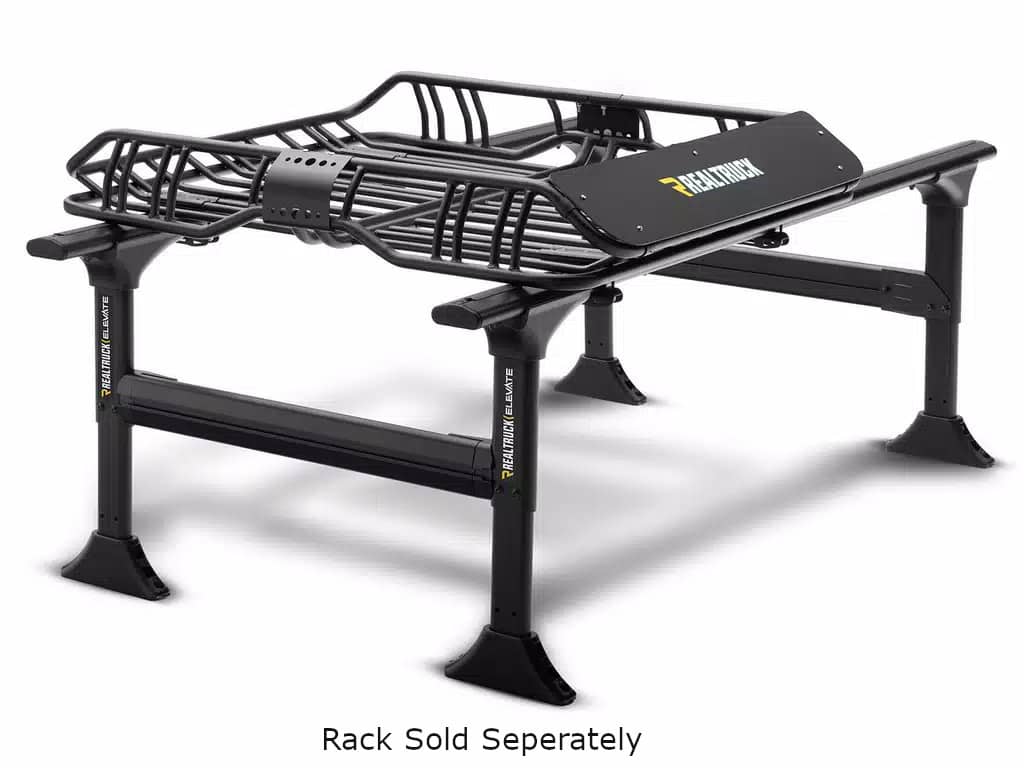 Truxedo Elevate Standard Cargo Basket mounted on a vehicle roof rack for secure outdoor cargo storage.