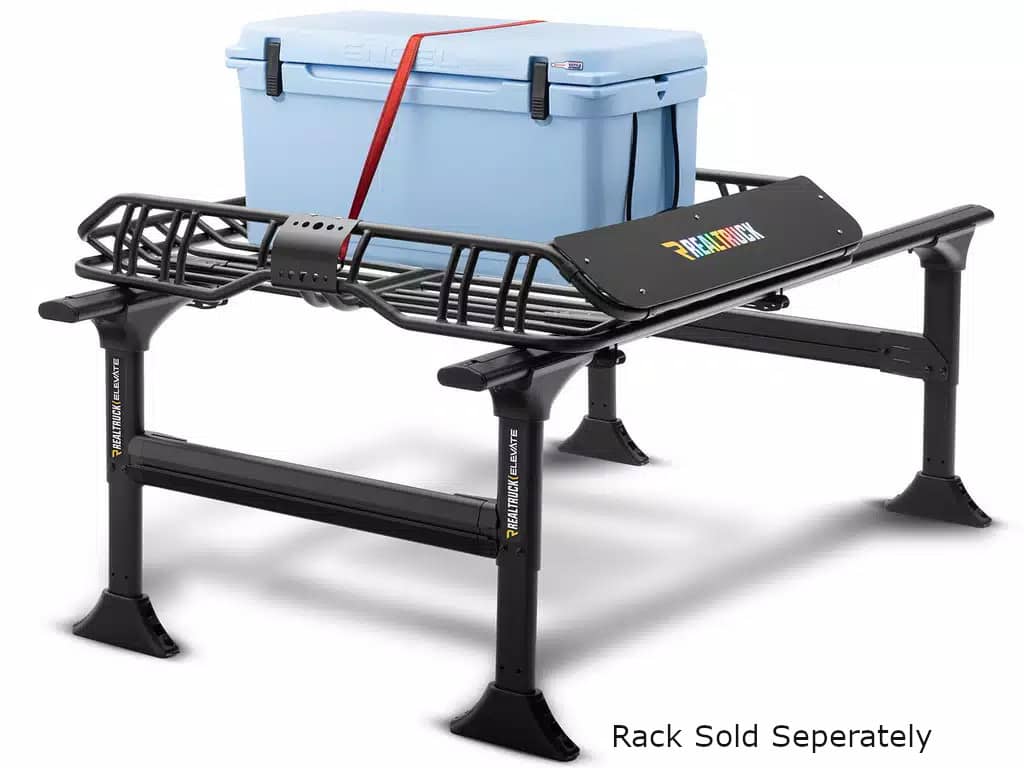 Truxedo Elevate Standard Cargo Basket mounted on vehicle roof, durable metal cargo box for outdoor gear and luggage storage