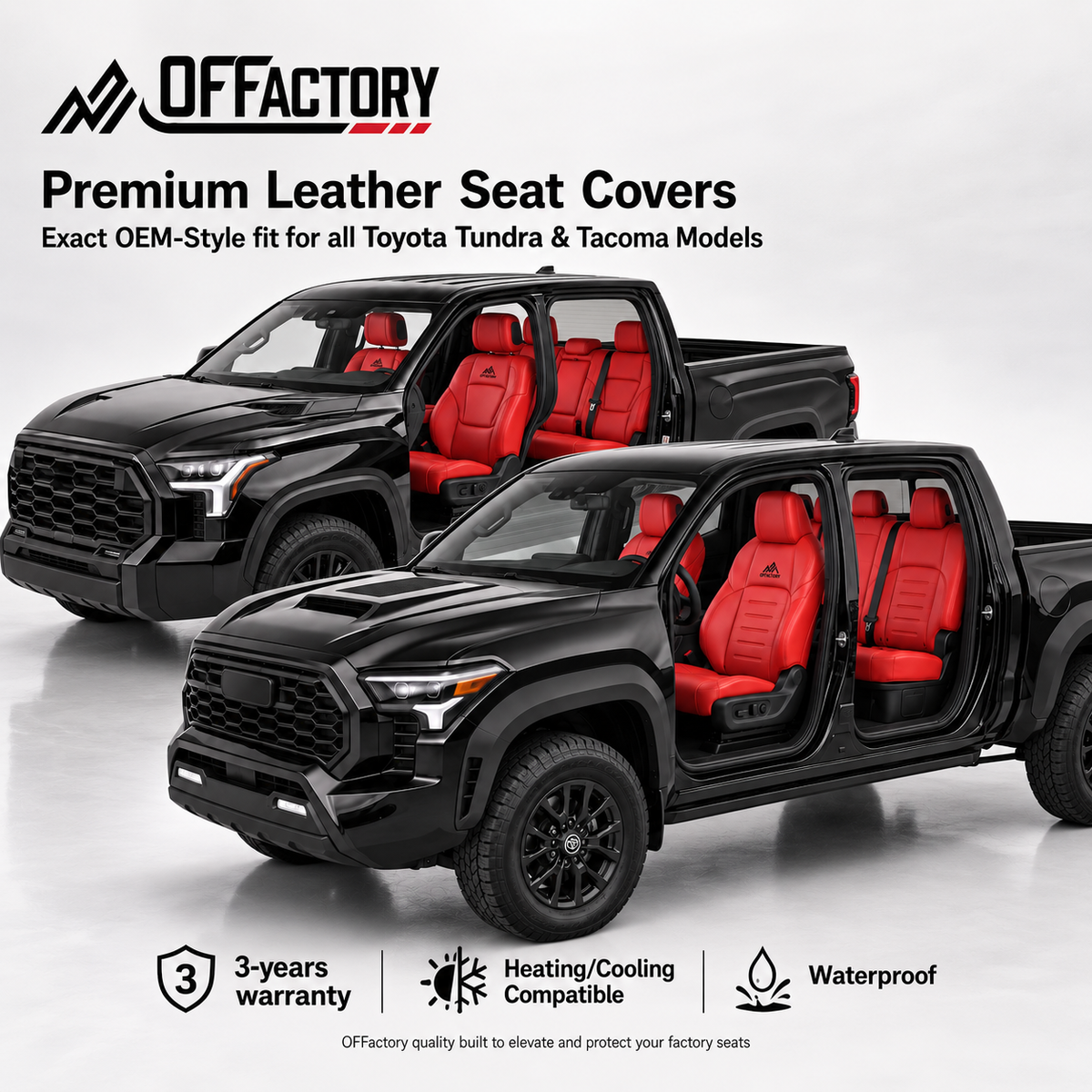 OFFactory OEM-style custom leather seat covers for Toyota Tundra and Tacoma trucks, made to order