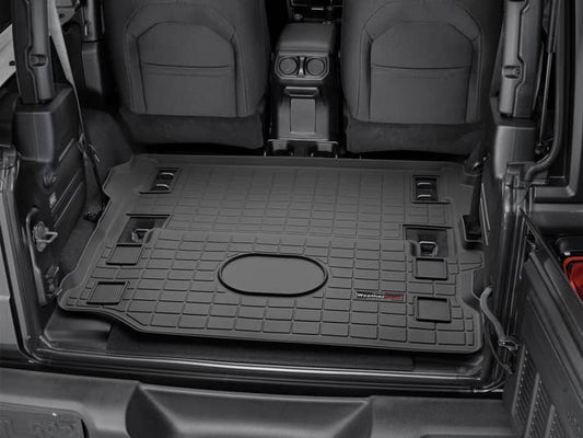 Weathertech cargo liner behind first row for 2018-2025 Jeep Wrangler JL 2-door, durable floor protection with textured surface.
