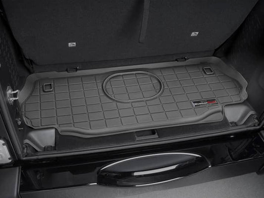 Weathertech cargo liner for 2015-2018 Jeep Wrangler 2-door, durable floor mat with custom fit for cargo protection.