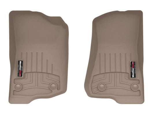 Weathertech tan front floor liner for 2018-2025 Jeep Wrangler and 2020-2025 Gladiator, showing textured rubber surface and custom fit design.