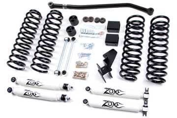 Zone Offroad 4-inch lift kit for 2007-2011 Jeep Wrangler 4-door, showing the lifted suspension and installation components.