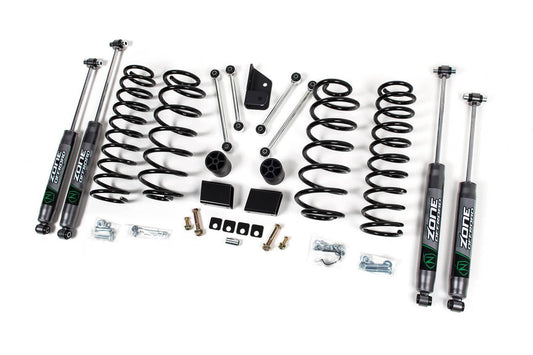 Zone Offroad 3-inch suspension lift kit with Nitro shocks for Jeep Wrangler 2-door models, showing lifted suspension and shocks.
