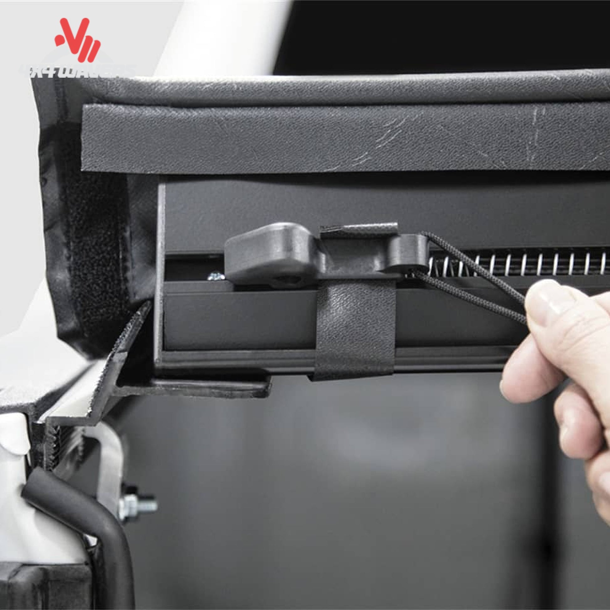 Rear latching system showing secondary security slide lock on truck bed rail SKU 31279