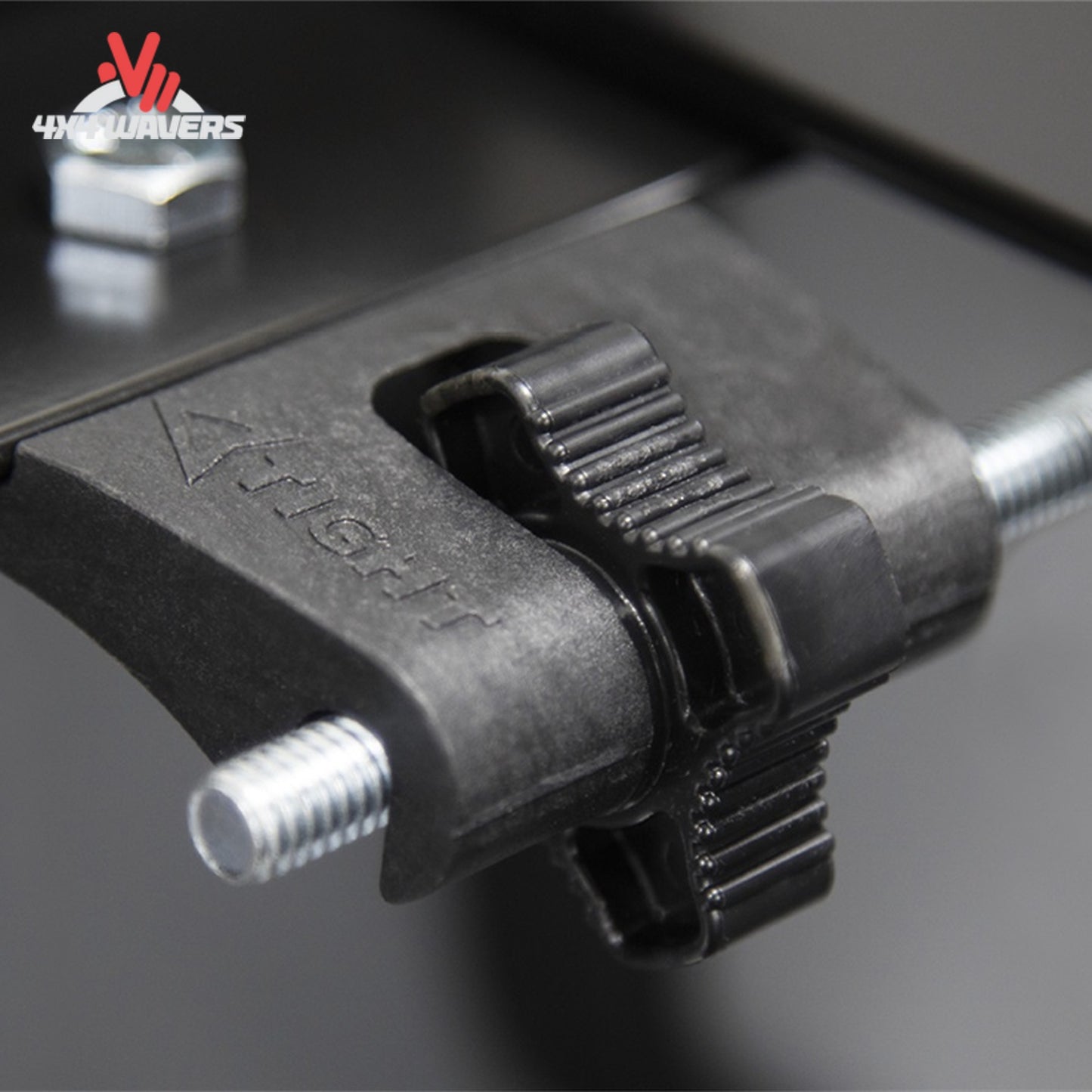 Close-up view of the dual automatic latch mechanism that locks the roll up cover firmly to the side rails SKU BGPC_41369.