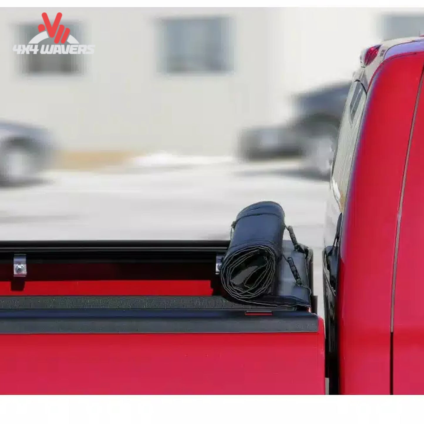 ACCESS LORADO roll up bed cover 41369 rolled forward to cab with nylon straps and cab guards SKU BGPC_41369.