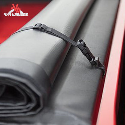 Fully rolled up Access tonneau cover secured against truck cab showing full bed access SKU 12369