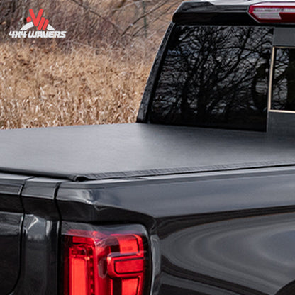 Black soft roll-up truck bed cover closed on 6.5 foot Ford F150 bed rail cap SKU 11279