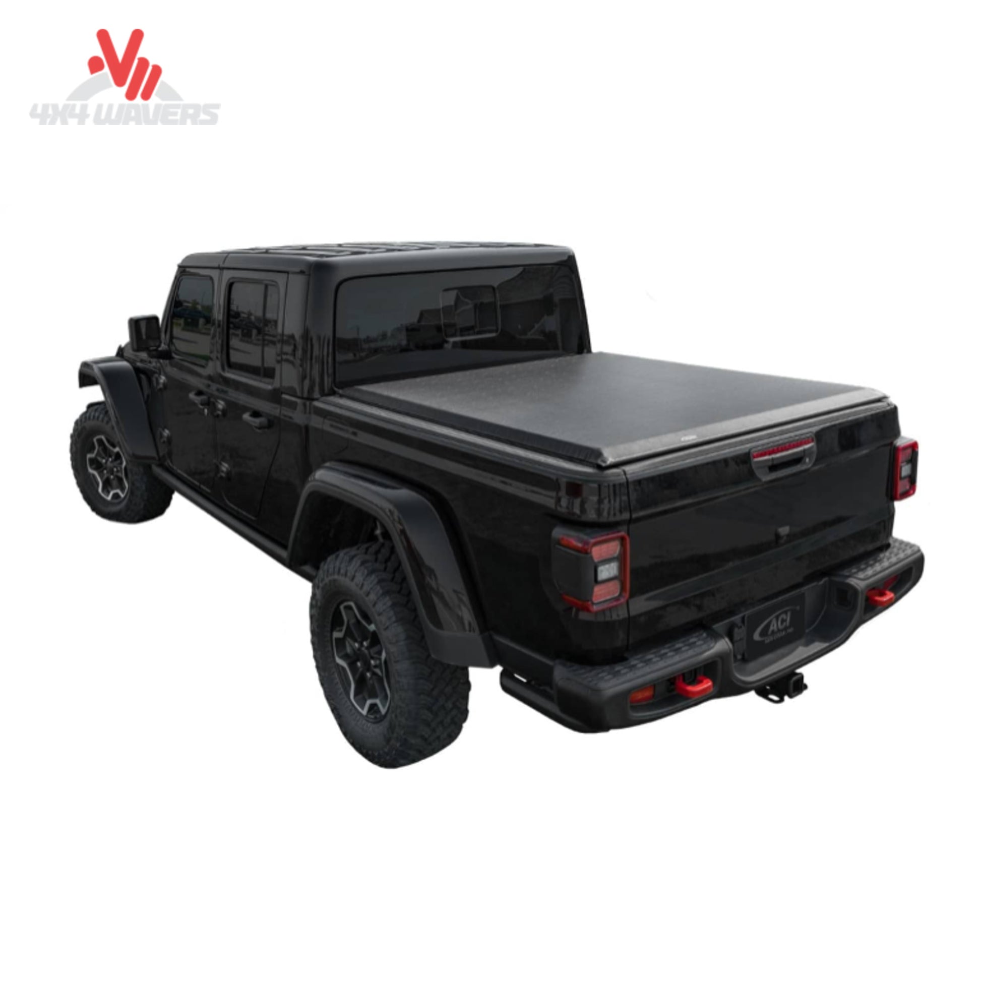 Acceso a la cubierta blanda enrollable original para caja en una Jeep Gladiator JT 2020-2026 con sistema Trail Rail, mostrando la cubierta enrollada en la caja.