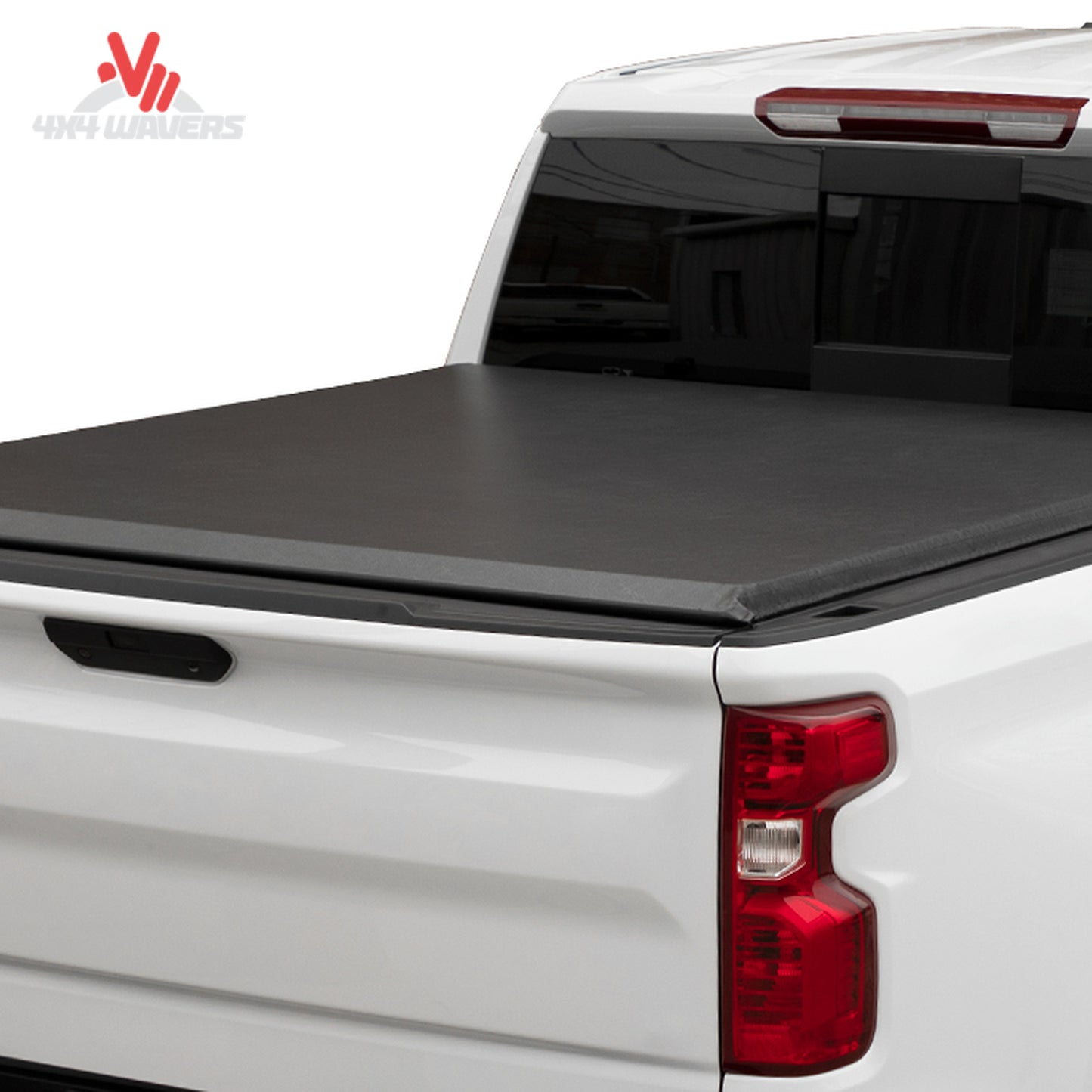 Close-up detail of the automated structural side latch system that secures the roll up tonneau cover near the tailgate.