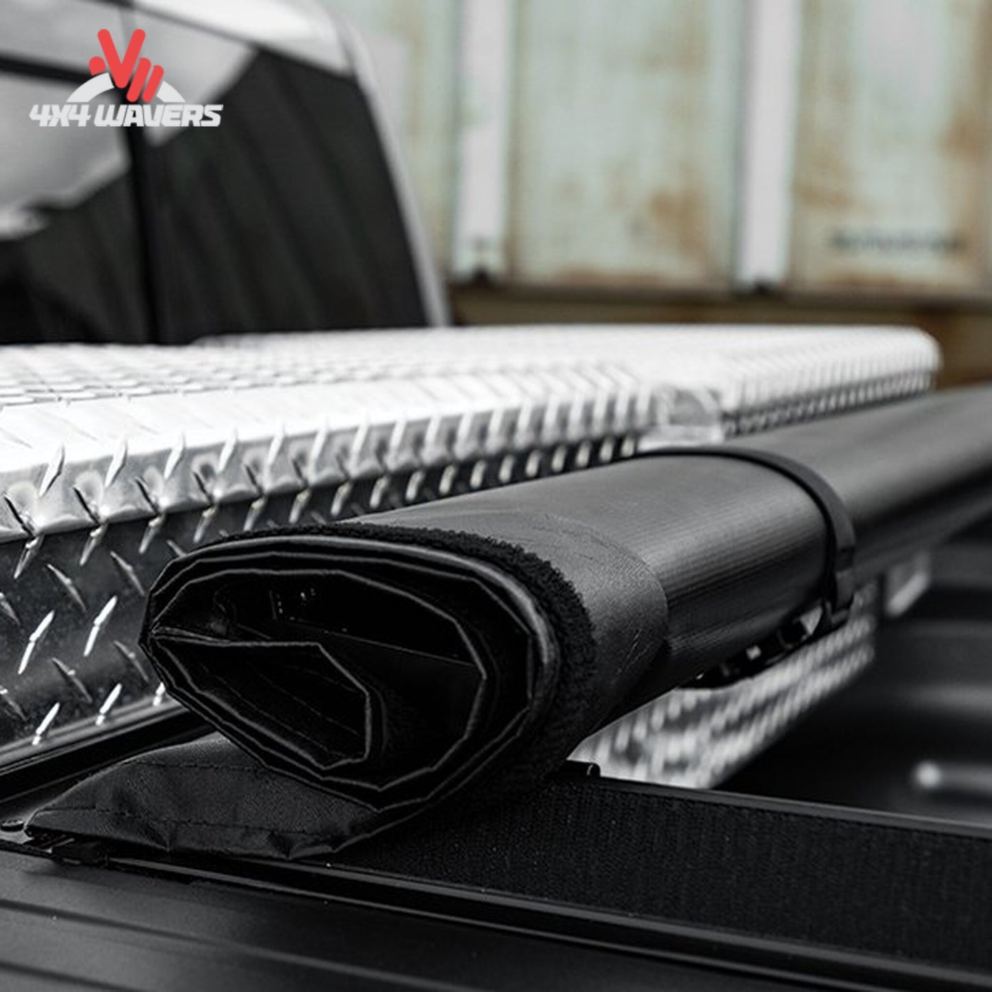 Soft roll-up cover secured with quick-release nylon straps at the toolbox header bar SKU 61279