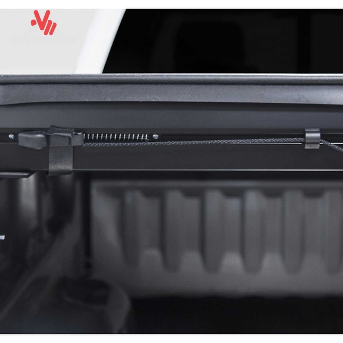 Close-up view of the dual automatic side latches securing the roll up cover near the truck tailgate SKU BGPC_61379.