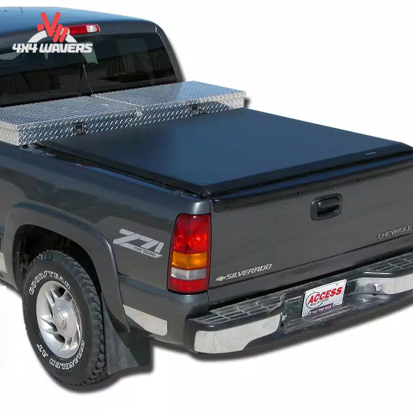 A commercial grade soft roll up vinyl tonneau cover mounted behind a crossover toolbox on an 8 foot long box Ford F-150 work truck SKU BGPC_61389.