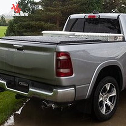 Independent soft roll-up tonneau cover mounted behind 20-inch over-the-rail toolbox on 2004-2014 Ford F150 61279