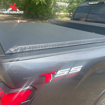 Independent soft roll-up tonneau cover mounted behind 20-inch over-the-rail toolbox on 2004-2014 Ford F150 61279