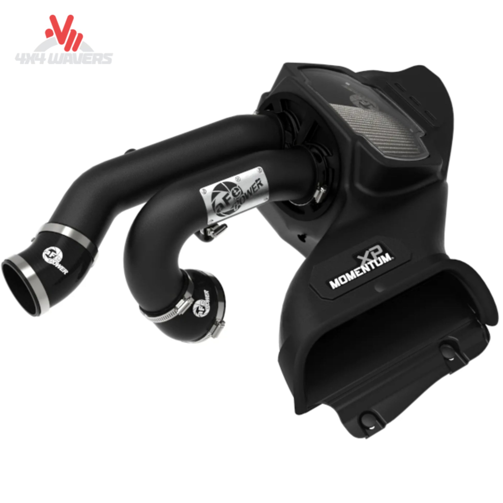 Close-up of the powder coated wrinkle black twin aluminum intake tubes with silicone couplers and stainless clamps SKU BKJC_50-30072D.