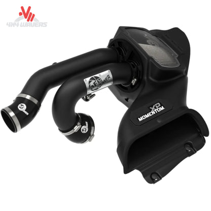 Close-up of the powder coated wrinkle black twin aluminum intake tubes with silicone couplers and stainless clamps SKU BKJC_50-30072D.