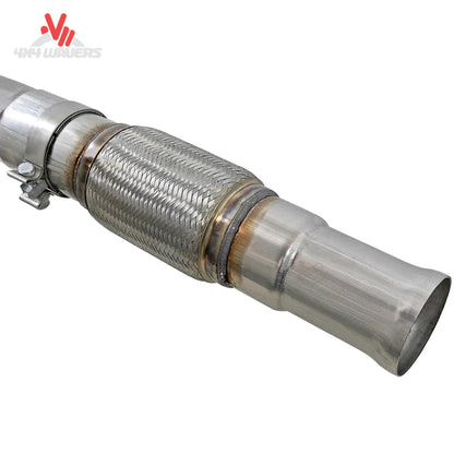 A stainless steel exhaust pipe section with a corrugated metal bellows joint and clamp.