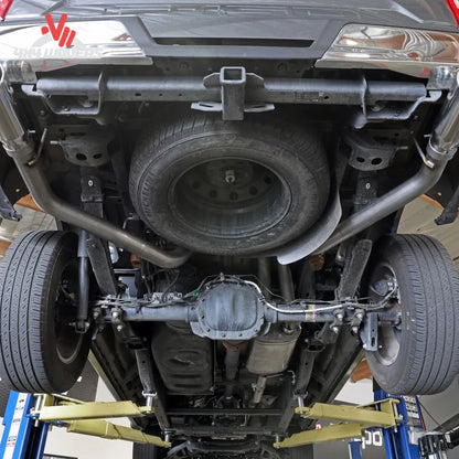 Underbody installed view of aFe Vulcan catback exhaust system on 2015-2020 Ford F-150 SKU BKJC_49-33130-B.