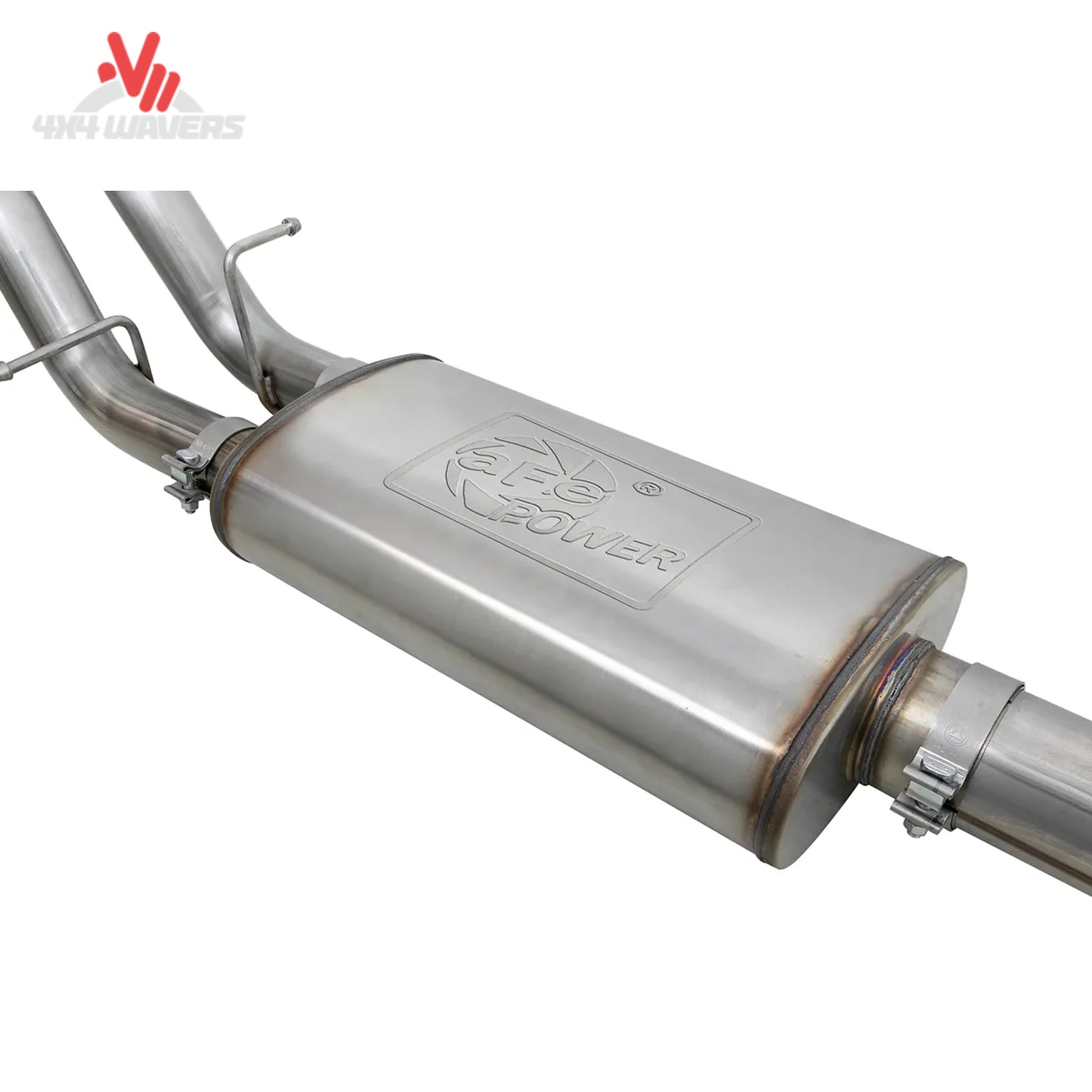 Polished stainless steel performance muffler with welded bayonet hangers SKU 49-34101