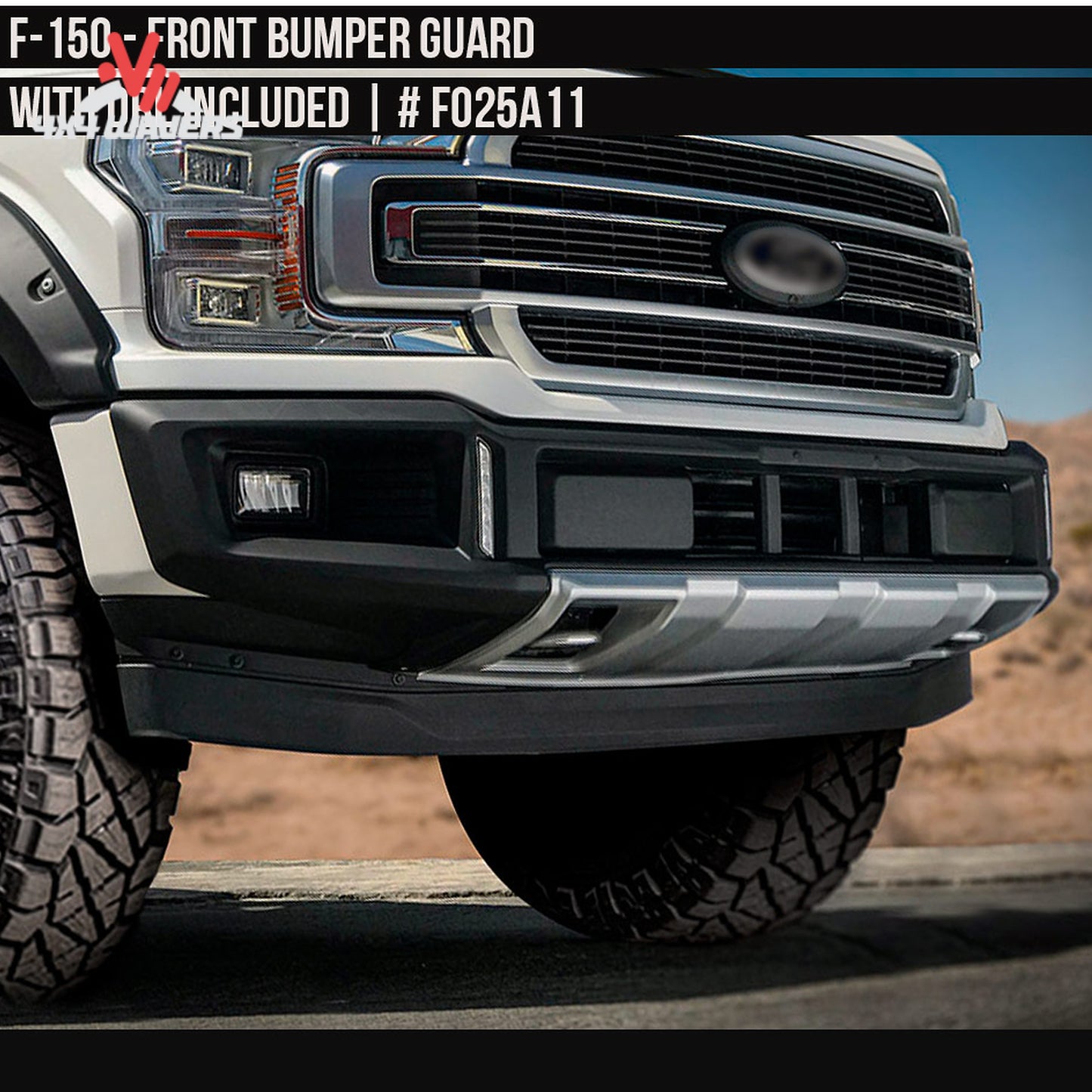 Side profile view of a Ford F-150 truck equipped with paint ready primed Air Design Superbolt fender flares SKU GPSM_FO25A03PR.