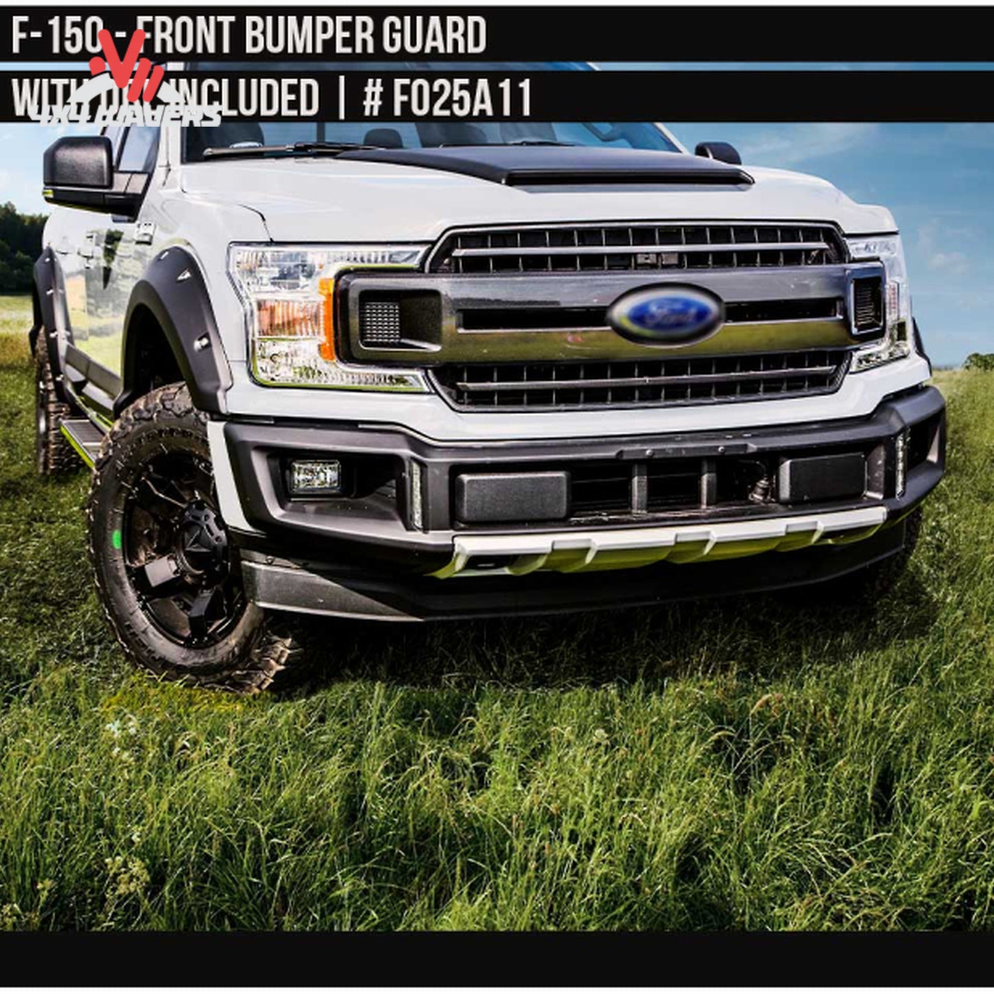 Side profile view of a Ford F-150 truck equipped with paint ready primed Air Design Superbolt fender flares SKU GPSM_FO25A03PR.