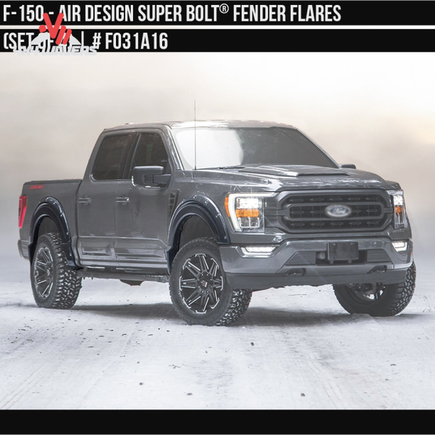 Side profile view of a 2021-2026 Ford F-150 truck equipped with Air Design satin black Superbolt fender flares SKU GPSM_FO31A16.