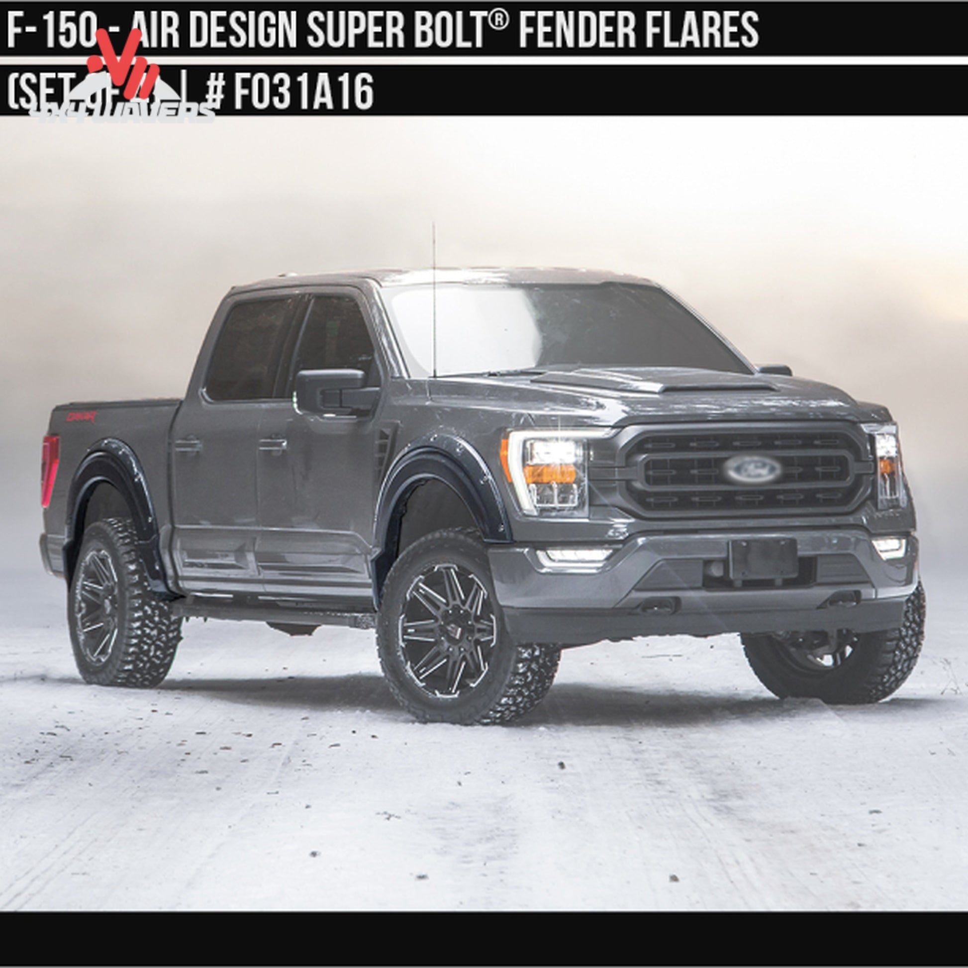 Side profile view of a 2021-2026 Ford F-150 truck equipped with Air Design satin black Superbolt fender flares SKU GPSM_FO31A16.