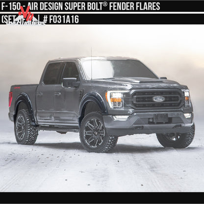 Side profile view of a 2021-2026 Ford F-150 truck equipped with Air Design satin black Superbolt fender flares SKU GPSM_FO31A16.